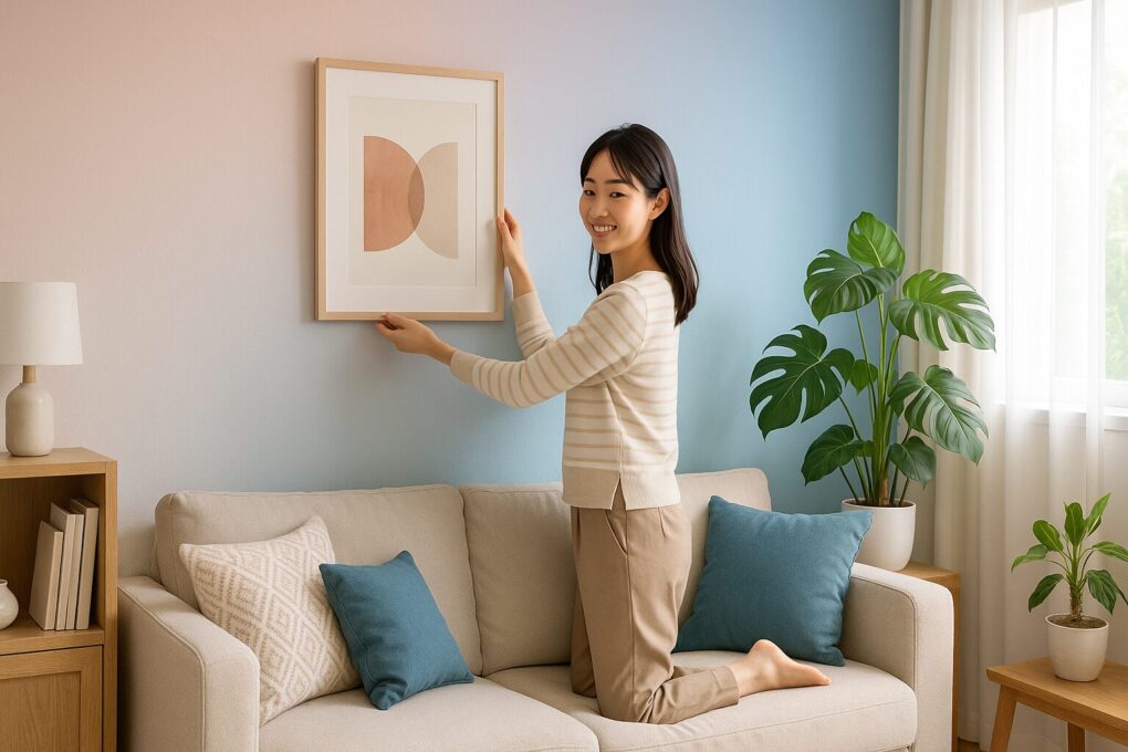 柔らかなグラデーションの壁を背景に、日本人女性がソファの上でアートフレームを飾っている。自然光が差し込む明るい部屋には、木製家具や観葉植物、落ち着いたトーンのクッションが並び、清潔感と温かみのあるおしゃれな空間が広がっている。