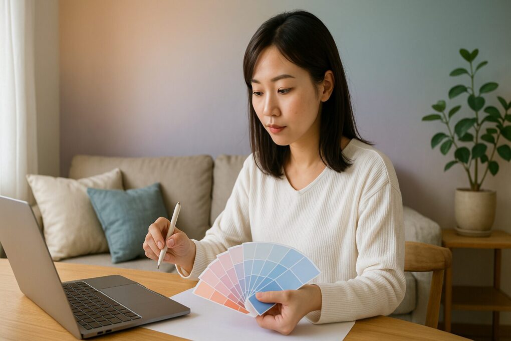 日本人女性が木製のテーブルでノートパソコンを開き、グラデーションカラーの色見本を手に計画を立てている。自然光が差し込む明るい部屋には、観葉植物と淡いトーンのソファがあり、落ち着いた清潔感のある空間が広がっている。