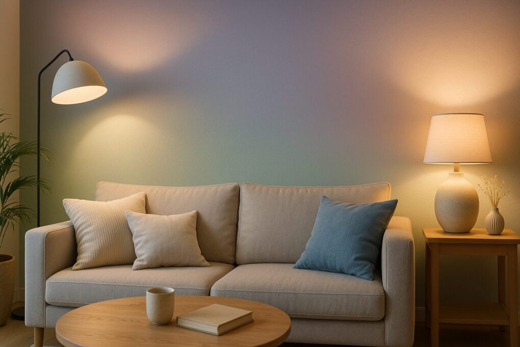 柔らかなグリーンからラベンダーへのグラデーション壁が広がるリビングで、間接照明とスタンドライトが温かく空間を照らしている。ベージュのソファと木製家具、観葉植物が調和し、落ち着きと清潔感のあるおしゃれな雰囲気が漂う。