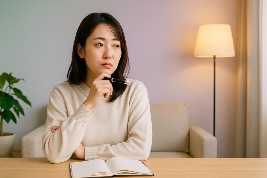 日本人女性が明るい部屋でノートを前に考え事をしている。柔らかなグラデーションの壁と温かみのある照明、木製家具や観葉植物が調和した清潔感のある空間が広がっている。