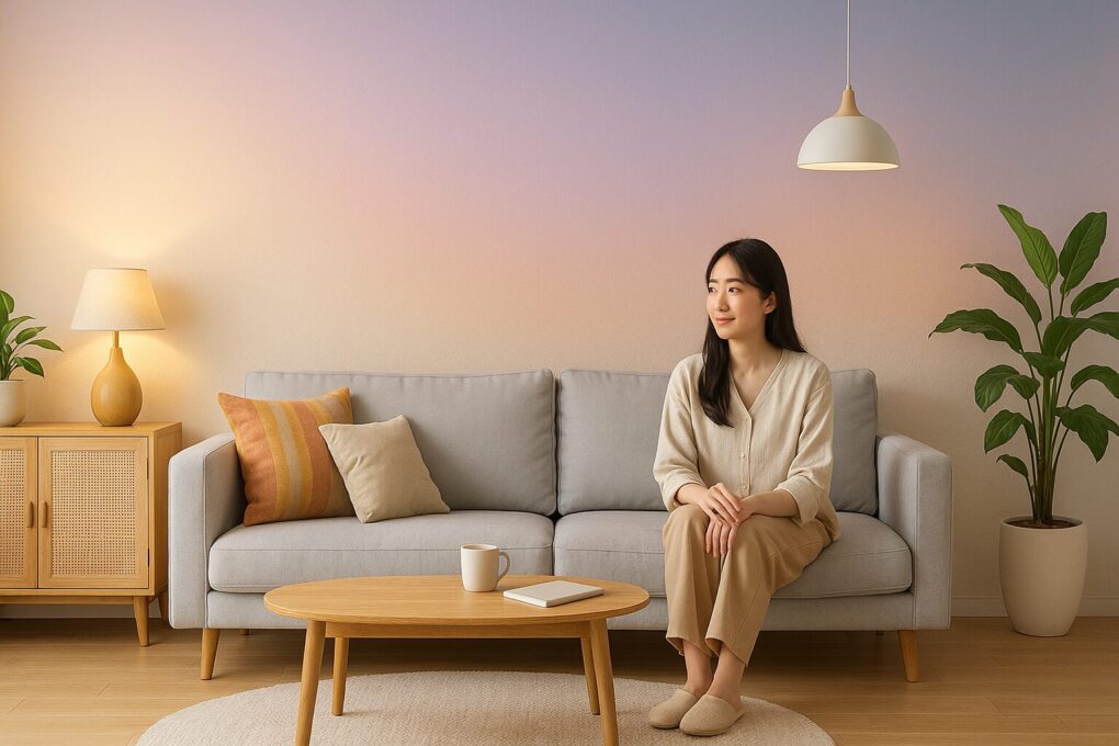 柔らかなピーチからラベンダーへのグラデーション壁が広がるリビングで、日本人女性がソファに座り穏やかに微笑んでいる。木製家具や観葉植物、ナチュラルカラーのクッションが調和し、清潔感と温かみのある北欧風の空間が演出されている。