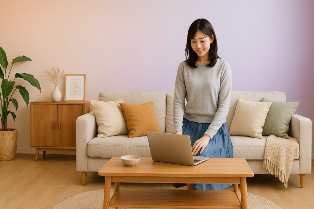 柔らかなピーチからラベンダーへのグラデーション壁が広がる明るいリビングで、日本人女性がノートパソコンを操作しながら部屋づくりの計画を立てている。木製家具や観葉植物、淡い色のクッションが調和し、清潔感と温かみのある心地よい空間が演出されている。