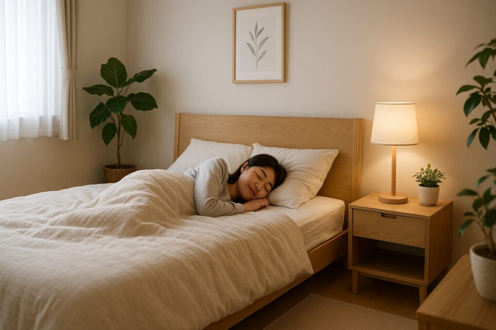 明るく清潔感のある寝室で、日本人女性が穏やかに眠っている。木製のベッドとナイトテーブル、暖色系の照明、観葉植物が配置され、ナチュラルで落ち着いた雰囲気のインテリア。