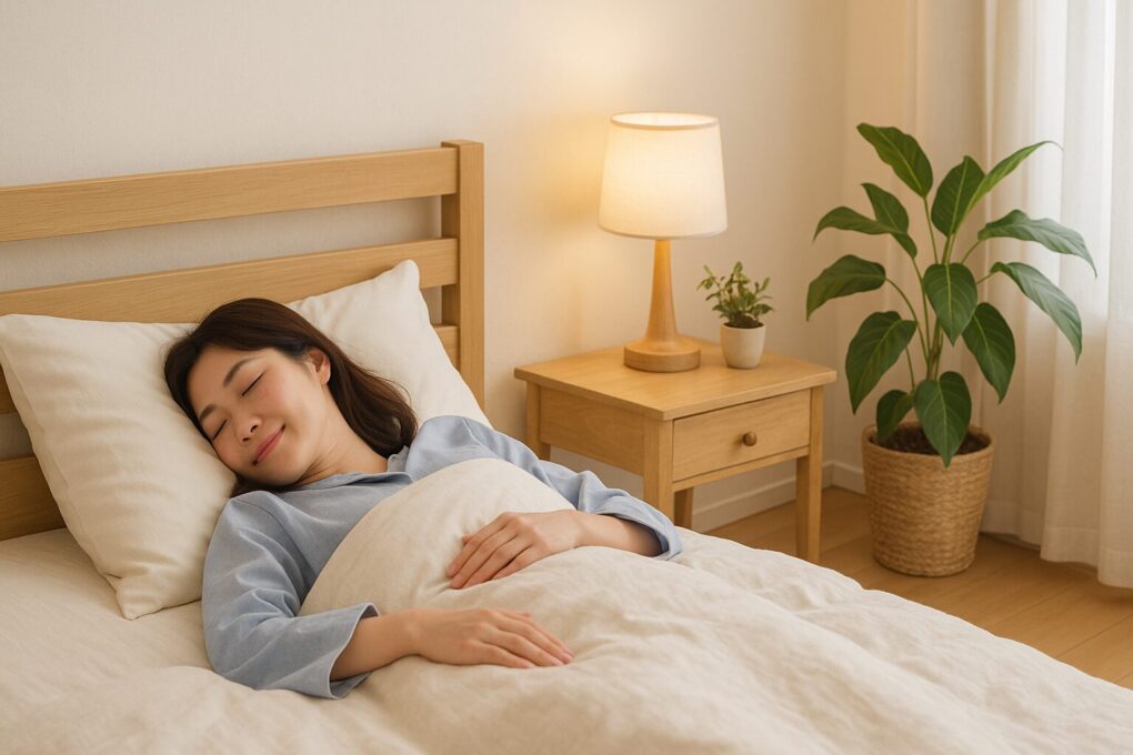 ナチュラルで温かみのある寝室で、日本人女性が安らかに眠っている。木製のベッドやナイトテーブル、柔らかな照明、観葉植物が配置された明るく清潔感のあるインテリア。