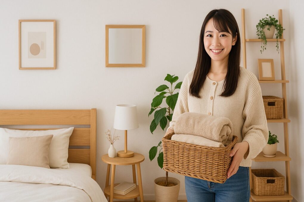 明るく清潔感のあるおしゃれな寝室で、日本人女性が笑顔でバスケットを持っている。木製家具や観葉植物、ナチュラルな色合いの小物が配置された温かみのあるインテリア。