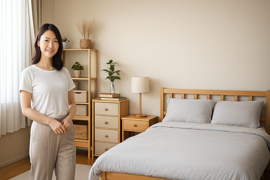 明るく整った寝室で、日本人女性が微笑んで立っている。木製のベッドや収納棚、観葉植物が配置された自然で落ち着いた空間。快眠を意識した整然としたレイアウトと清潔感のあるインテリア。