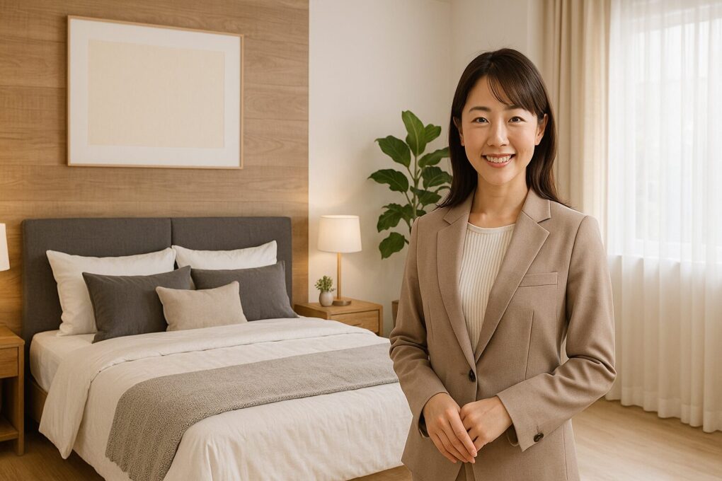上質で洗練された寝室に立つ日本人女性。木目のアクセントウォール、グレーとベージュを基調にしたベッドや家具、観葉植物、間接照明が調和した明るく清潔感のある空間。