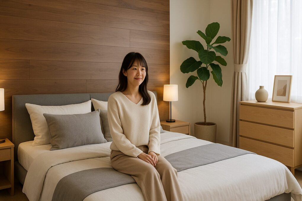 明るく清潔感のあるおしゃれな寝室で、日本人女性がベージュ系の服装でベッドに座っている。木目のアクセントウォール、観葉植物、間接照明が調和したナチュラルモダンなインテリア。