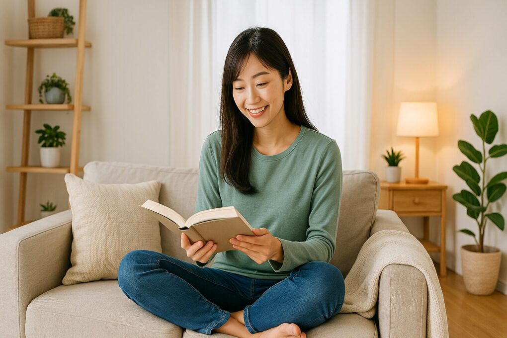 明るく清潔感のあるリビングで、日本人女性がソファに座り本を読んでいる。木製家具や観葉植物、柔らかい照明が調和したナチュラルで心地よい空間。